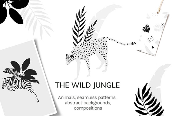 丛林动物矢量插画&无缝图案素材包
