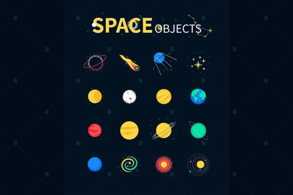 空间物体-多彩的平面设计风格的图标icon集合