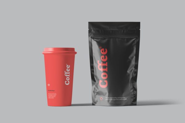 高品质的时尚高端逼真质感咖啡袋咖啡杯包装设计VI样机展示模型mockups