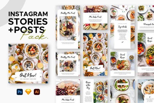 时尚高端优雅食物美食海报宣传单Instagram社交媒体banner设计模板集合-AI，EPS，PSD，sketch