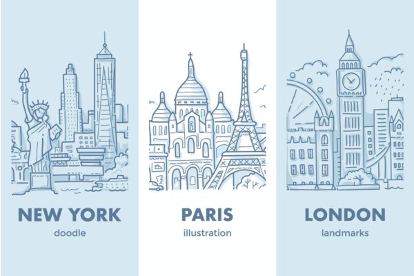 伦敦巴黎纽约城市景观与地标矢量插图插画集合-AI，EPS，JPG，PSD，SVG，PNG