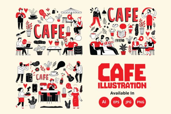 时尚可爱抽象咖啡馆共享办公空间视频群聊现场音乐涂鸦矢量插画集合-AI，EPS，JPG，PNG