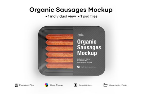 有机香肠食品包装盒/保鲜盒标签设计顶视图样机模板