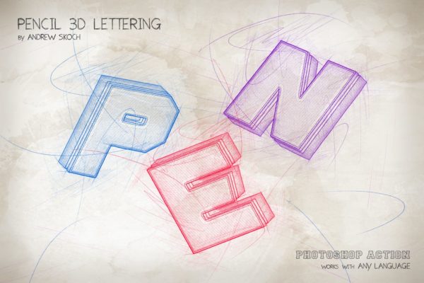 铅笔素描风格3D立体字photoshop动作预设-ATN，ABR，PAT，PDF，PSD，PNG