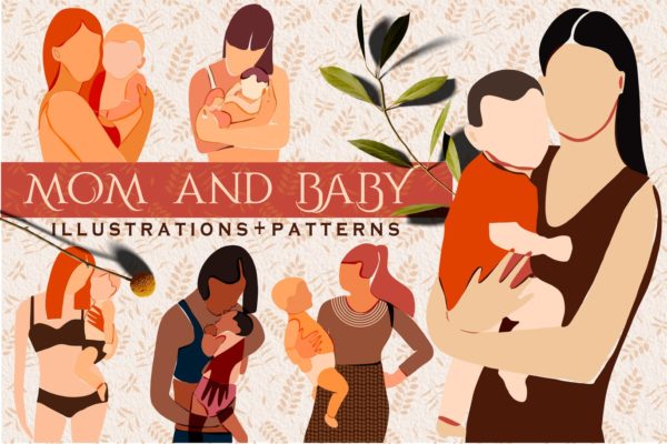 “妈妈和宝宝”现代艺术矢量插画+无缝背景底纹纹理集合