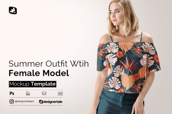 女性一字肩上衣夏季服装图案设计样机模板