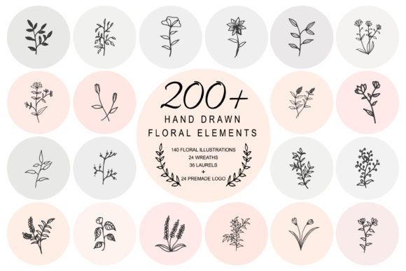 200个手绘花卉元素插画素材包