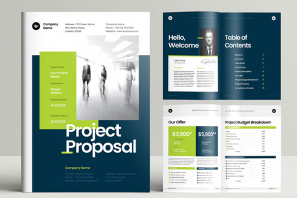 绿色和蓝色主题项目提案杂志排版设计模板