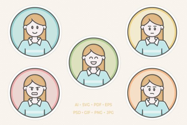 时尚简约个性的虚拟角色头像形象体验插图插画-AI，EPS，JPG，PDF，PNG，PSD，SVG