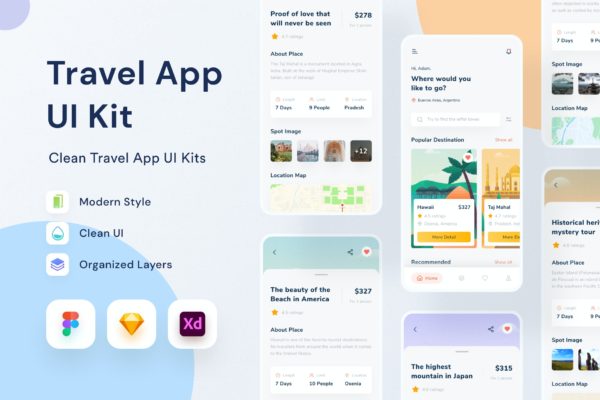 旅行主题 App UI Kit（FIG,SKETCH,XD）