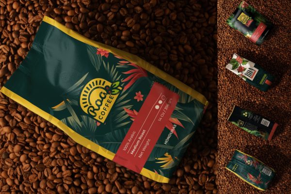 品牌咖啡豆包装设计展示场景样机（PSD）