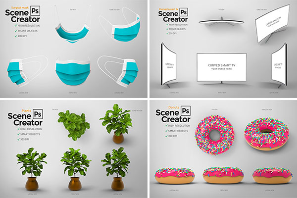 广告创意场景创建PSD样机（甜甜圈、绿植、显示器、消毒水、口罩、面罩）