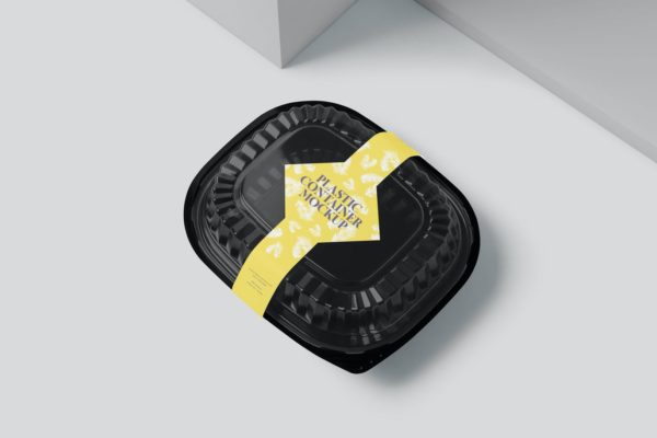 时尚高端外卖食品塑料包装饭盒设计VI样机展示模型mockups