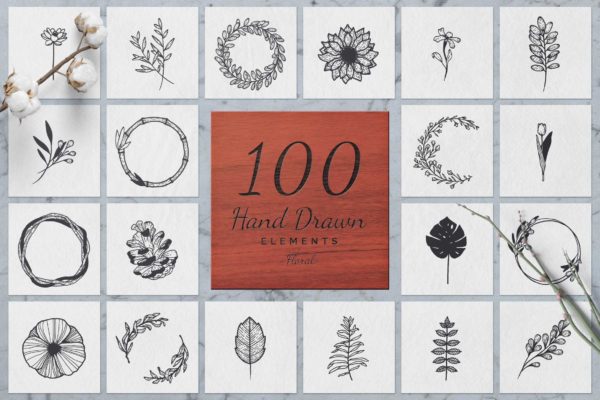 100个手绘花卉元素插画素材