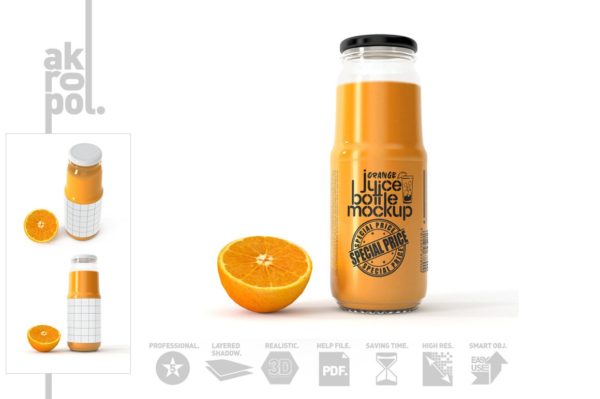 橙子果汁玻璃瓶标签设计样机