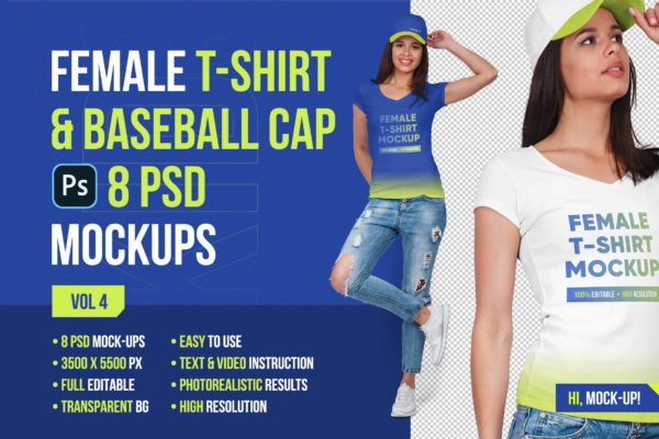 女式T恤&棒球帽服装设计样机模板