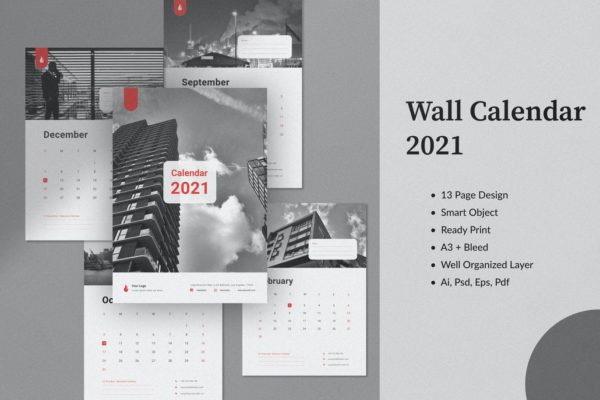 高端时尚2021年新年台历日历挂历设计模板-AI，EPS，PDF，PSD