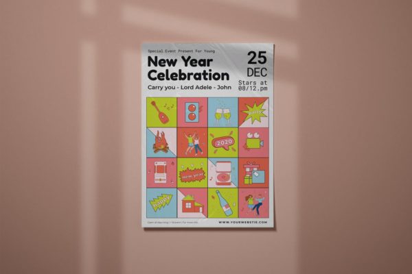 小清新风格的时尚高端简约新年庆祝活动海报设计模板-EPS，AI，PSD