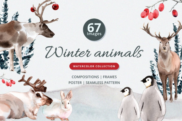 冬季主题动物水彩插画素材集