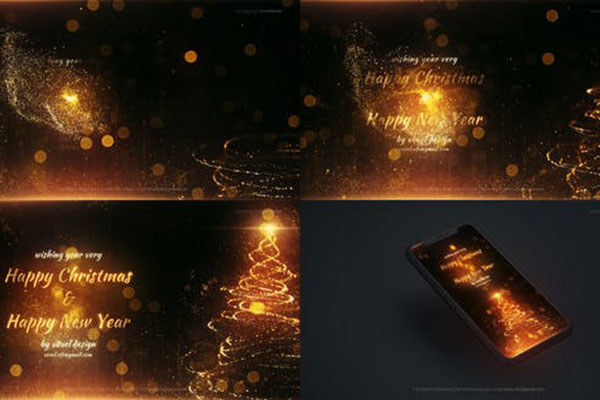 闪亮金色元素圣诞快乐/新年快乐问候视频AE模板