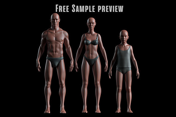 标准的人物男、女+小孩3D模型基础人体模特下载（OBJ，C4D可用）