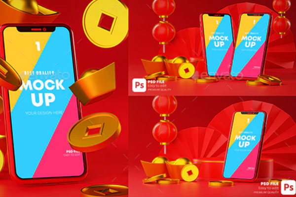 完美中国年春节组合的iPhone广告场景样机下载（PSD）
