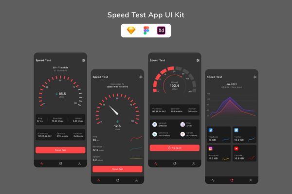 网络速度测试 App UI Kit (SKETCH,XD,FIG)