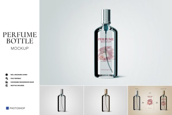 时尚的香水瓶品牌设计展示样机(PSD)