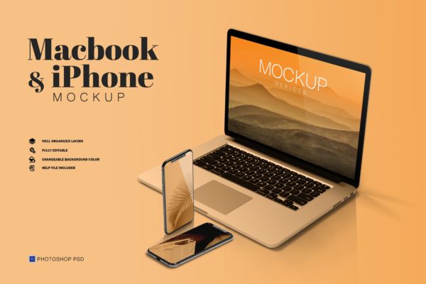 Macbook & iPhone 组合样机（PSD）