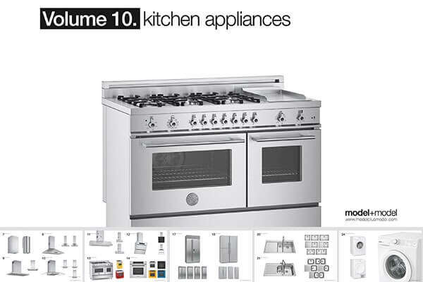 时尚厨房白色家电（冰箱、洗衣机、消毒柜）全套3D模型下载（Blender,MAX,OBJ,FBX）