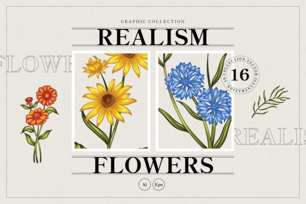 时尚高端优雅简约风格的矢量花朵花卉植物插画集合-AI，EPS