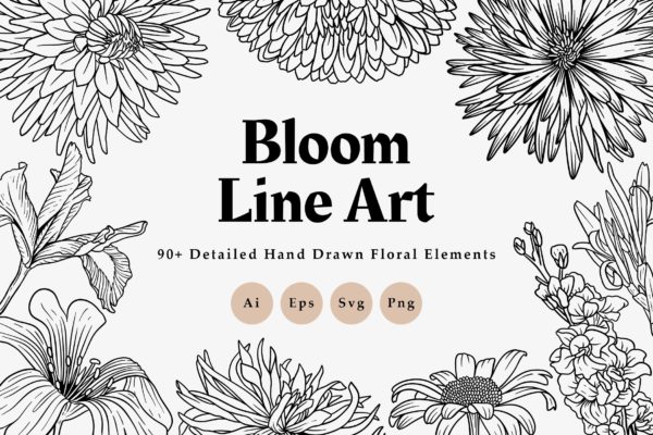 90+手绘花卉线条艺术元素素材