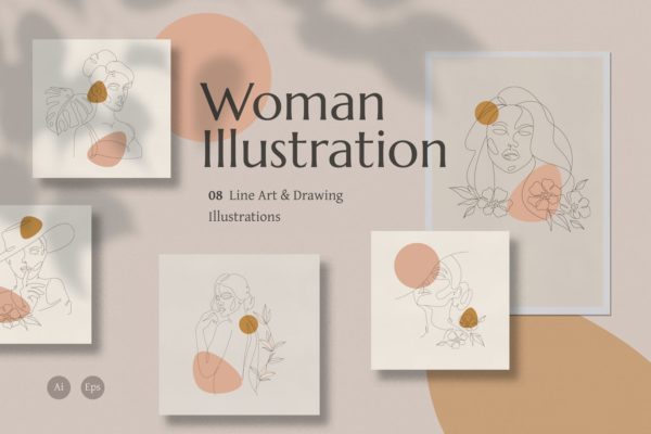 时尚高端抽象艺术风格矢量条线女人插画海报设计模板集合-AI，EPS