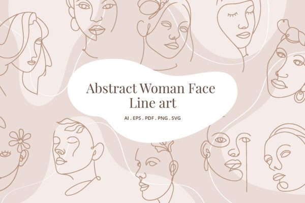 高端时尚抽象艺术风格女人脸部条线矢量插画集合-AI，EPS，PDF，PNG，SVG