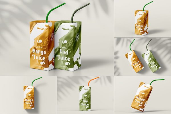 时尚高端逼真质感的高品质果汁牛奶包装设计VI样机展示模型mockups