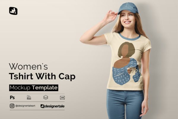 带休闲帽的女式T恤设计样机模板