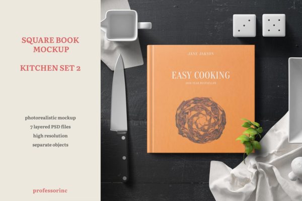 高品质的厨房场景书籍装帧VI设计样机展示模型mockups