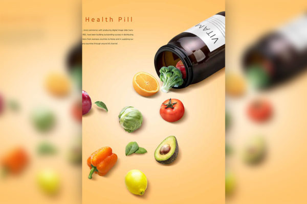 营养蔬果健康饮食概念药瓶海报设计素材 (psd)
