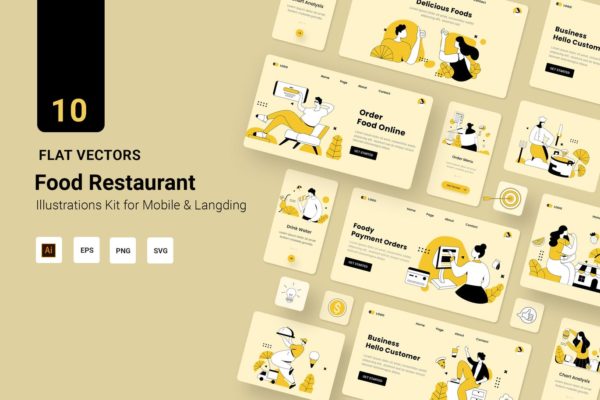 时尚高端烹饪餐厅矢量插画banner海报着陆页设计模板集合-AI，EPS，SVG，PNG