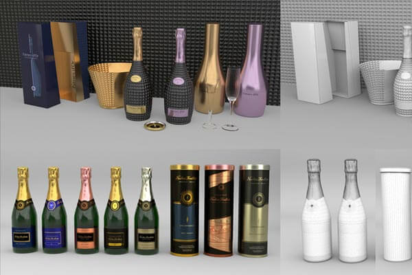 高端的酒瓶酒具包装设计3D模型套装下载（FBX,MAX,OBj）