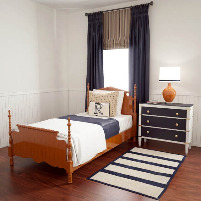 有光泽的红木单人床搭配深蓝色窗帘和床头柜3D模型（OBJ,FBX,MAX）