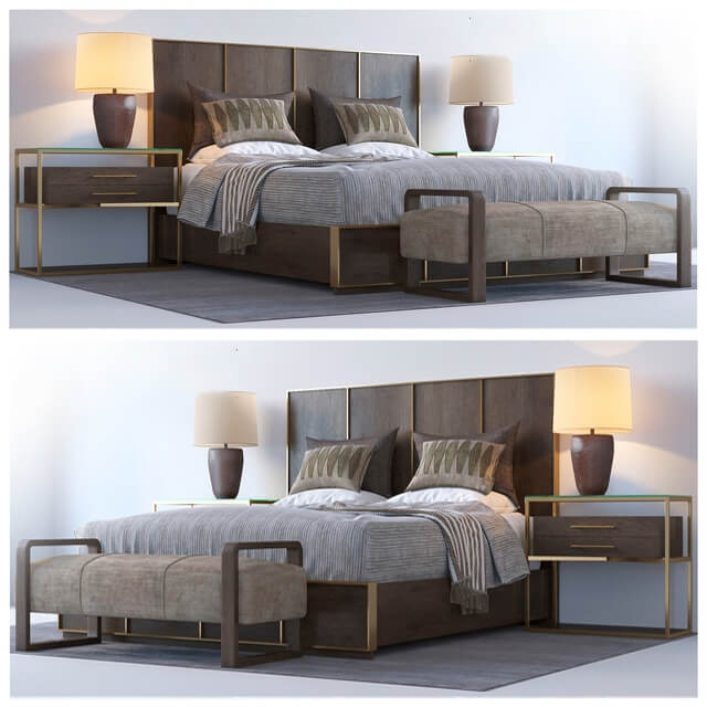 金黄色金属边框棕色实木床和配套床头柜3D模型（OBJ,FBX,MAX）