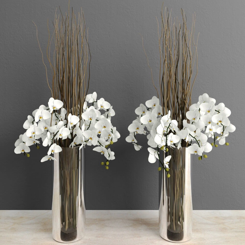 花瓶中的白色兰花和小树枝装饰3D模型（OBJ,FBX,MAX）