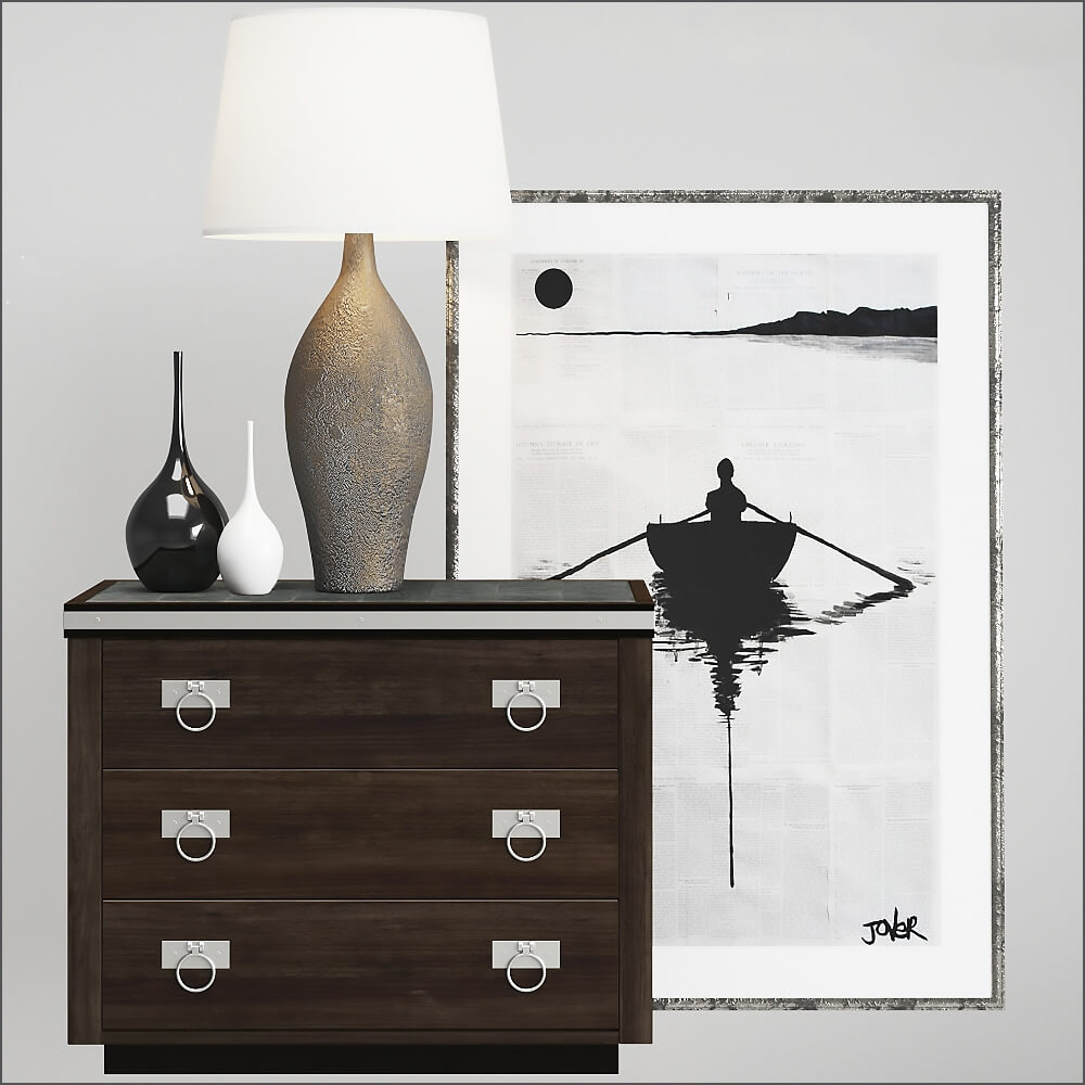 配银色金属拉环的深棕色抽屉柜和花瓶台灯及现代画装饰3D模型（OBJ,FBX,MAX）