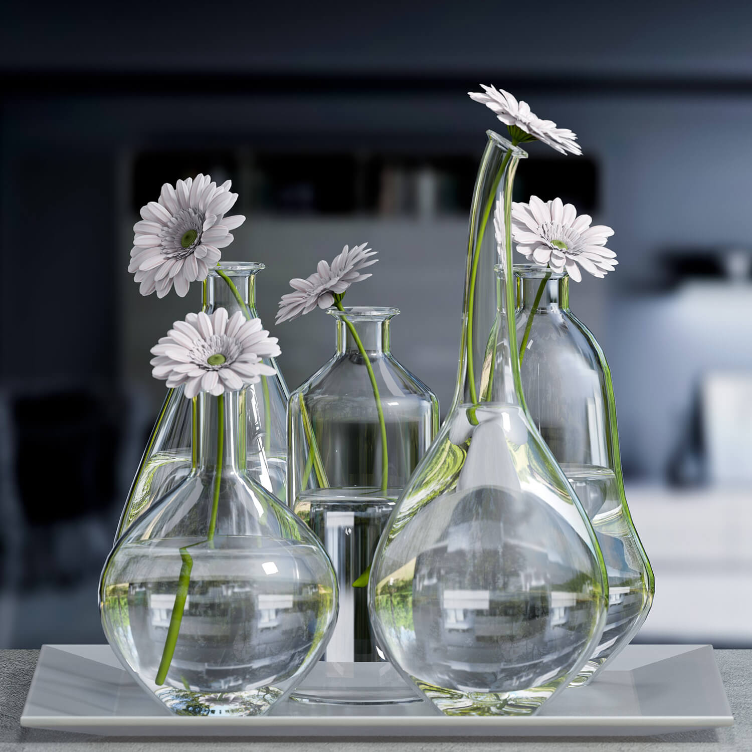 玻璃花瓶中的粉紫色雏菊3D模型（OBJ,FBX,MAX）