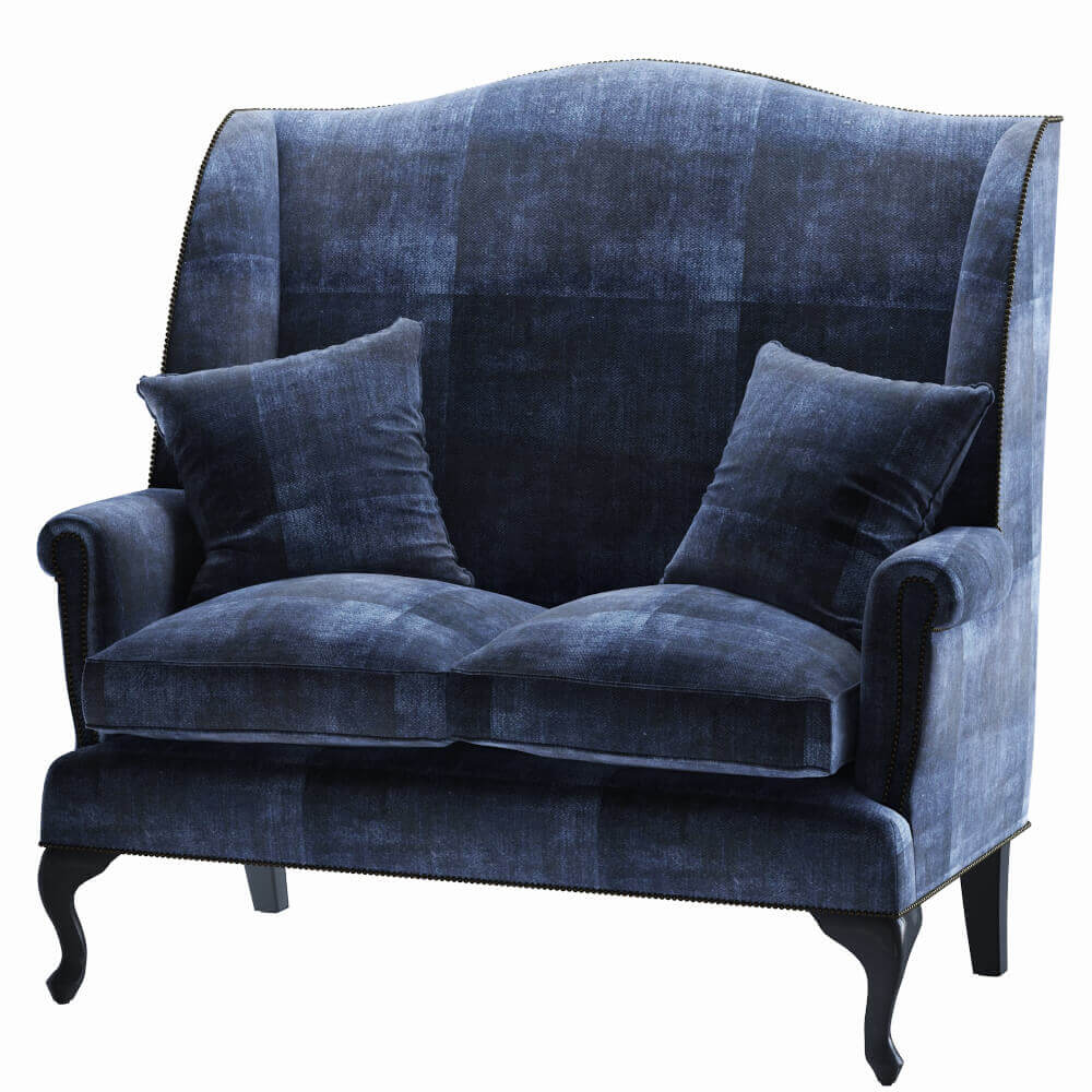 靛蓝色双人扶手布艺沙发椅3D模型（OBJ,FBX,MAX）