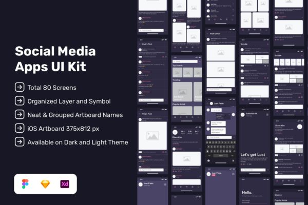 社交媒体共功能 App UI Kit (XD,SKETCH,FIG)