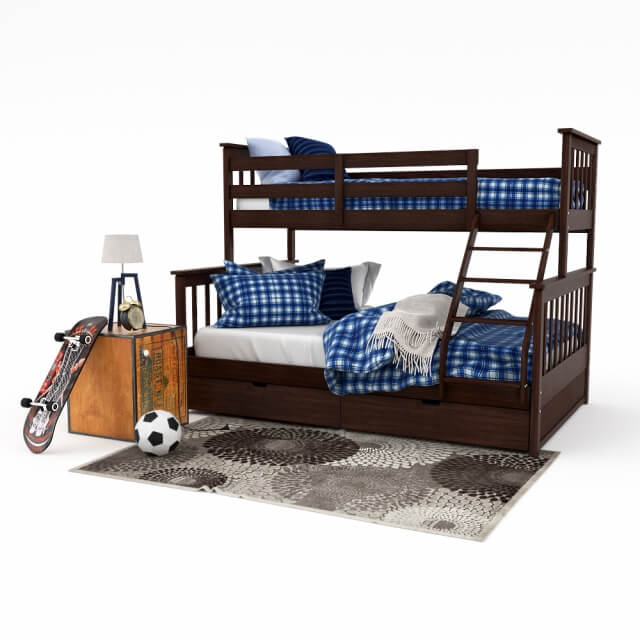 男孩房深棕色实木双层床及床头柜3D模型（OBJ,FBX,MAX）