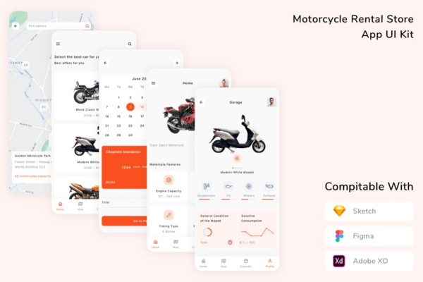 摩托车租赁商店App UI工具包 (FIG,SKETCH,XD)