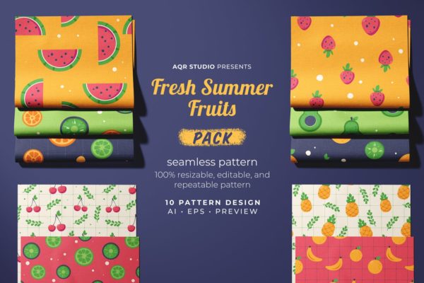 时尚新鲜的可爱夏季水果矢量无缝背景底纹纹理集合-AI，EPS，PNG